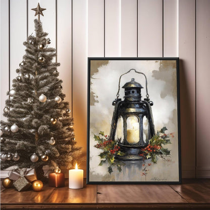 MVJGCM Vintage style Christmas art poster canvas print Christmas old fashioned lanterns country wall decoration poster suitable for farmhouse living room