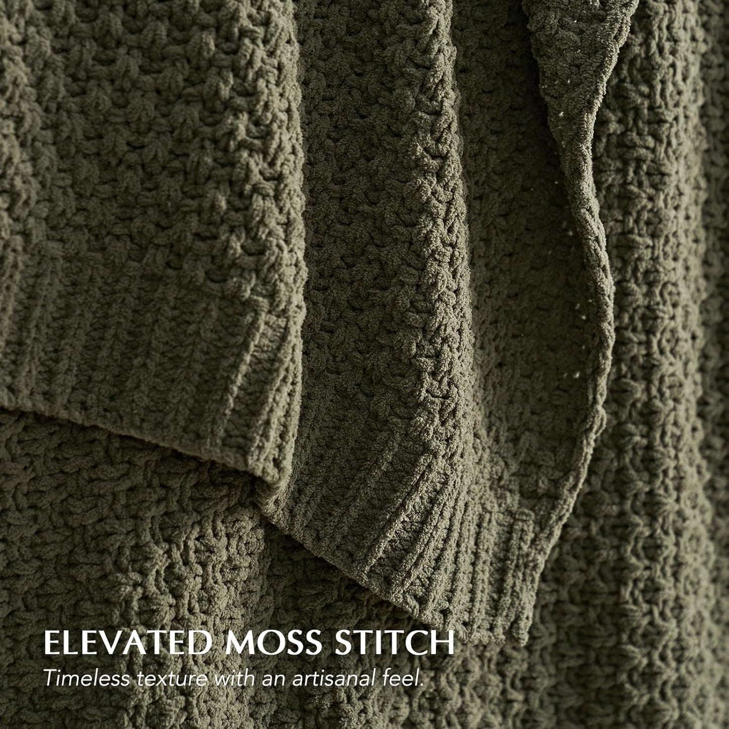 EVERGRACEHOME Chunky Chenille Knit Throw Blanket for Couch, Soft Luxurious Oversized Queen Moss Stitch Blanket for Bed, Large Cozy Farmhouse Knitted Throw for Sofa, Olive Green, 90" x 90"