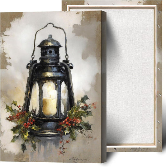 MVJGCM Vintage style Christmas art poster canvas print Christmas old fashioned lanterns country wall decoration poster suitable for farmhouse living room