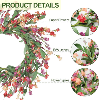 Artgar Front Door Wreath 24 Inch Spring/Summer Wreaths for Front Door, Front Door Wreaths for All Seasons for Indoor Outdoor Home Office Wall Window Wedding Farmhouse Decor (Red&Orange&Purple)