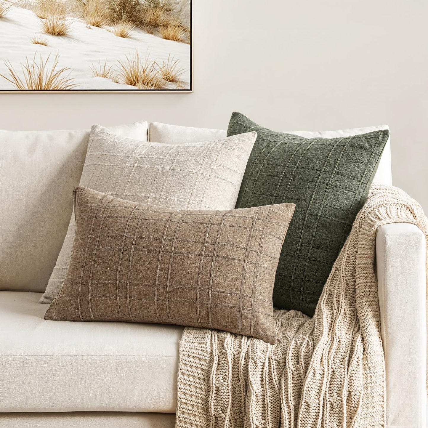 MIULEE Decorative Linen Check Euro Shams Throw Pillow Covers Neutral Farmhouse Vintage Pillow Covers 26x26 Set of 2 Boho Modern Winter Home Decor for Sofa Couch Bedroom Cushion Light Brown