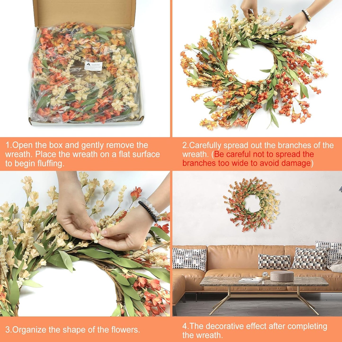 Artgar Fall Wreath, Fall Wreaths for Front Door, 24 in Fall Decor Floral Wreath, Door Wreaths for Front Door Outside All Season for Thanksgiving Home Indoor Outdoor Wall Decor (White&Orange)