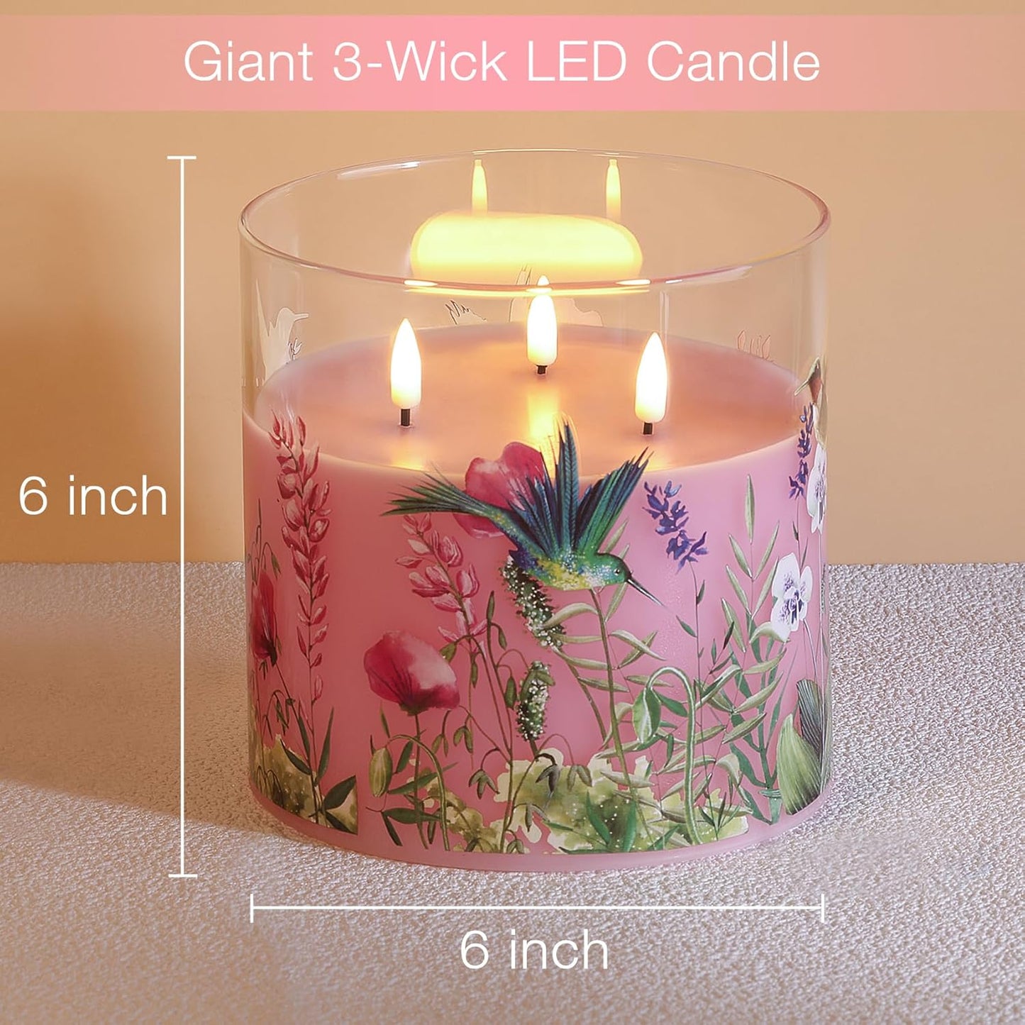 Eywamage 3 Wick Flameless Candle with Remote, Pink Hummingbird Floral Glass LED Candle, Large Battery Pillar Candle Φ 6" H 6"