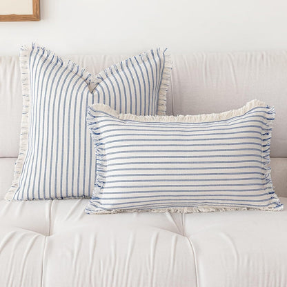 Throw Pillow Covers 16x16 Set of 2 Striped Fringe Pillow Cover Farmhouse Cushion Covers with Tassel Neutral Boho Pillows Decorative Square Pillowcase for Couch Sofa Bed, Blue