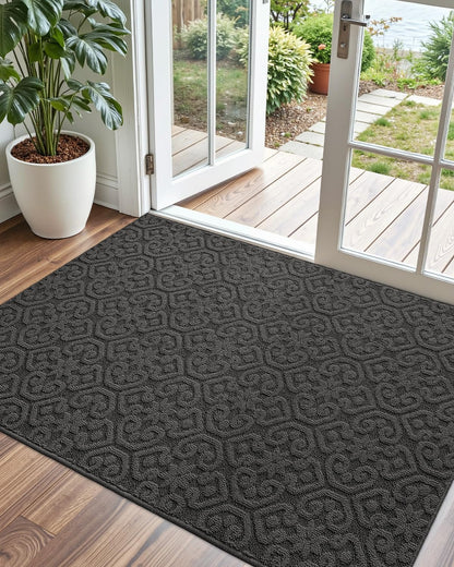 DEXI Front Door Entryway Mat Non Slip, 4x6 ft Large Washable Inside Entrance for House Floor Low Profile, Thin Entry Doormat Absorbent Dirt Trapper, Dark Grey