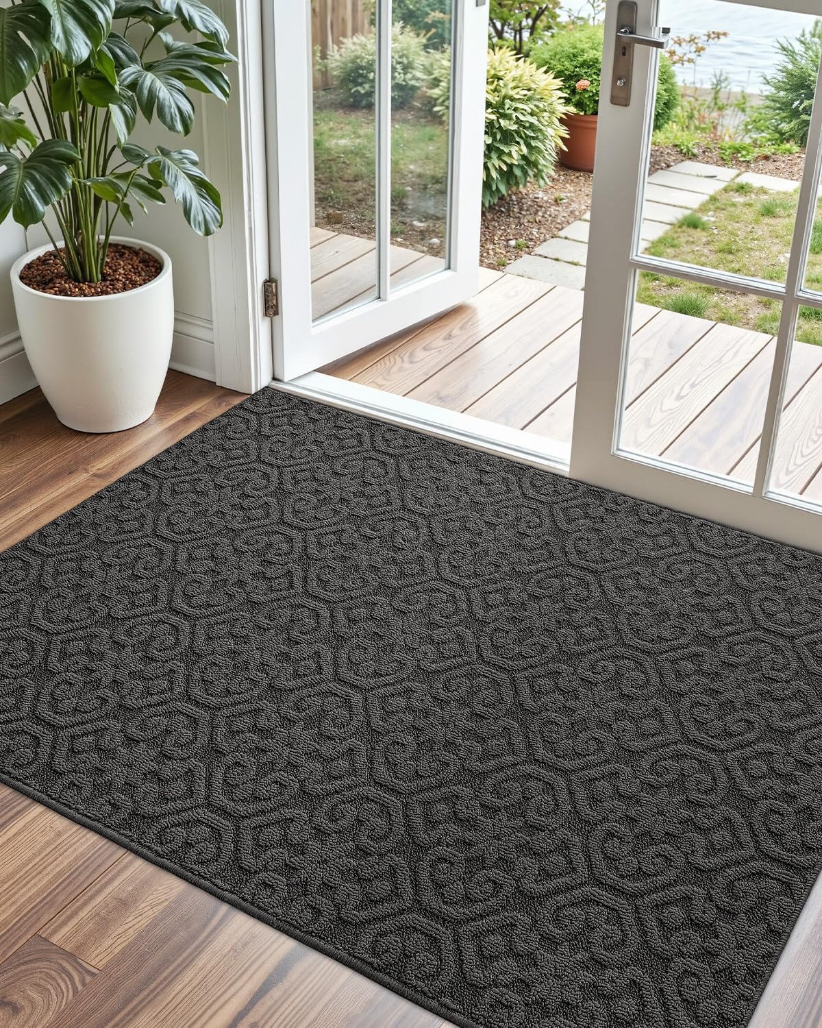 DEXI Front Door Entryway Mat Non Slip, 3x5 ft Large Washable Inside Entrance for House Floor Low Profile, Thin Entry Doormat Absorbent Dirt Trapper, Dark Grey