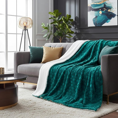 DaDa Bedding Lavish Emerald Green Blue Faux Fur Fuzzy Throw Blanket - Mermaid Scales Design White Sherpa Backside - Soft Warm Plush Bright Vibrant Jewel Tones Embossed for Bed/Couch - 63" x 90"
