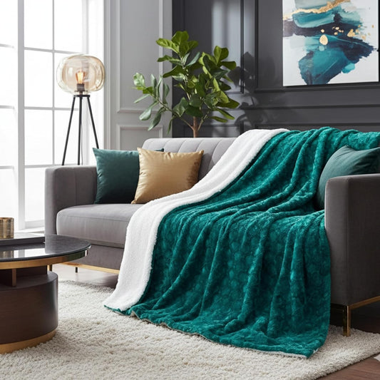 DaDa Bedding Lavish Emerald Green Blue Faux Fur Fuzzy Throw Blanket - Mermaid Scales Design White Sherpa Backside - Soft Warm Plush Bright Vibrant Jewel Tones Embossed for Bed/Couch - 63" x 90"