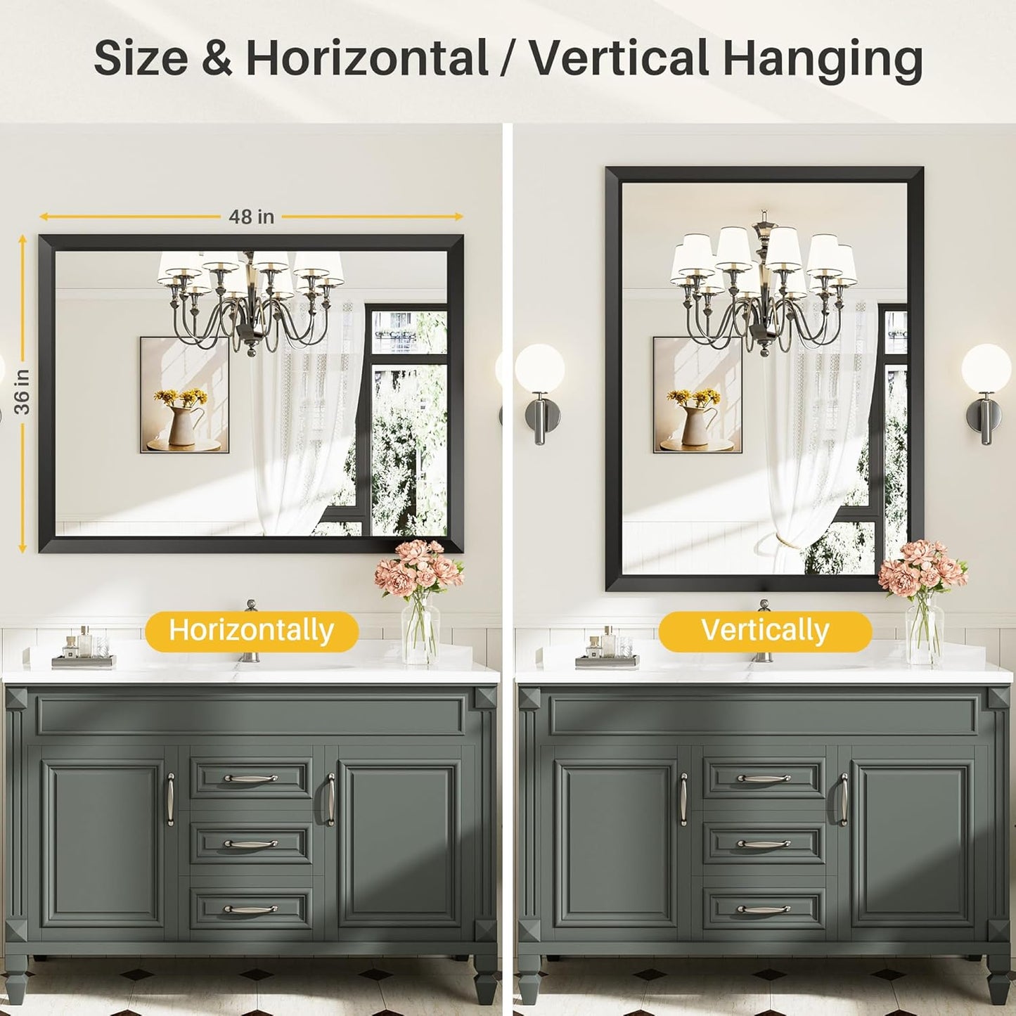 48x36 Inch Black Bathroom Mirror for Wall, Thick Metal Framed Rectangle Mirrors for Over Sink, Bedroom, Living Room, Entryway, Anti-Rust, HD Tempered Glass