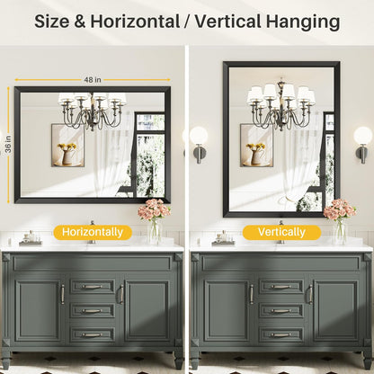 48x36 Inch Black Bathroom Mirror for Wall, Thick Metal Framed Rectangle Mirrors for Over Sink, Bedroom, Living Room, Entryway, Anti-Rust, HD Tempered Glass