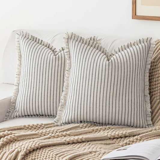 Throw Pillow Covers 16x16 Set of 2 Striped Fringe Pillow Cover Farmhouse Cushion Covers with Tassel Neutral Boho Pillows Decorative Square Pillowcase for Couch Sofa Bed, Grey