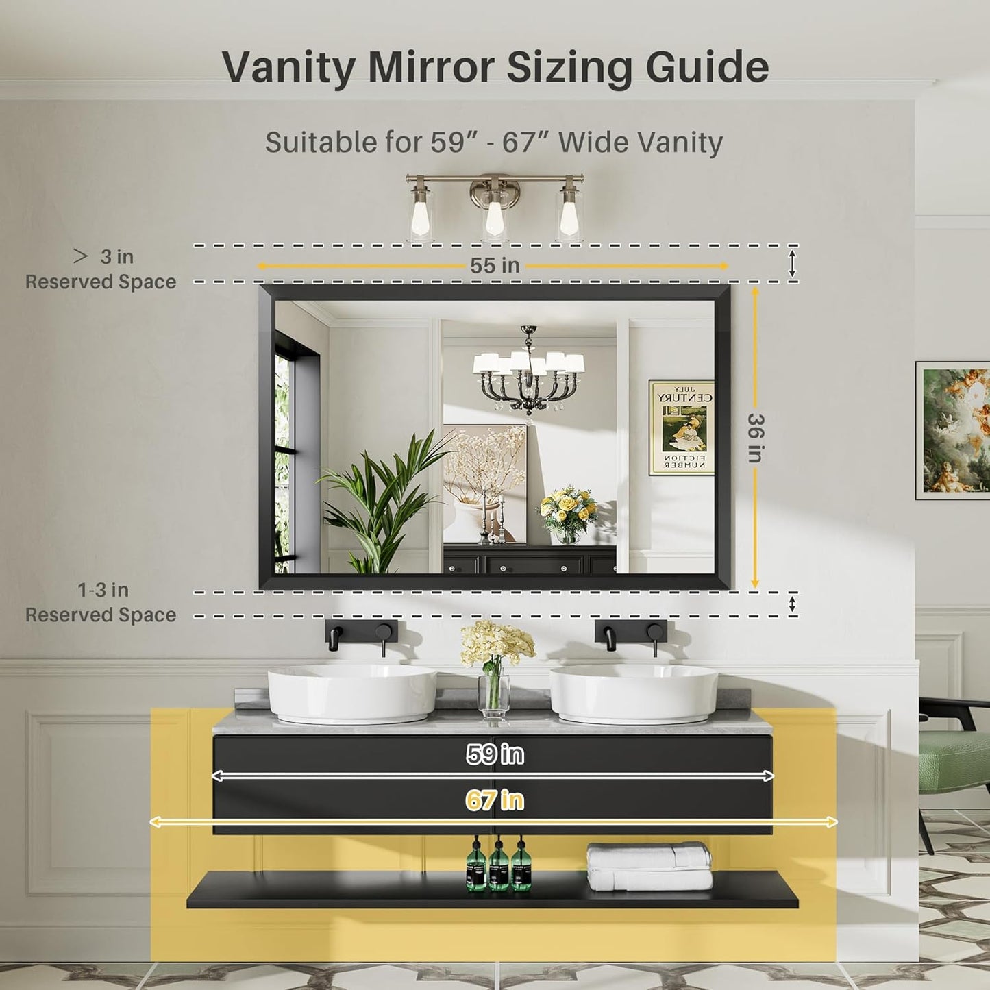 55x36 Inch Black Bathroom Mirror for Wall, Thick Metal Framed Rectangle Mirrors for Over Sink, Bedroom, Living Room, Entryway, Anti-Rust, HD Tempered Glass