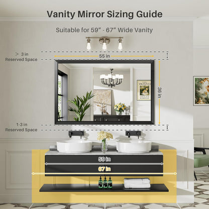 55x36 Inch Black Bathroom Mirror for Wall, Thick Metal Framed Rectangle Mirrors for Over Sink, Bedroom, Living Room, Entryway, Anti-Rust, HD Tempered Glass