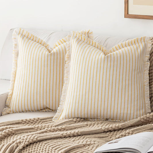 Throw Pillow Covers 18x18 Set of 2 Striped Fringe Pillow Cover Farmhouse Cushion Covers with Tassel Neutral Boho Pillows Decorative Square Pillowcase for Couch Sofa Bed, Yellow