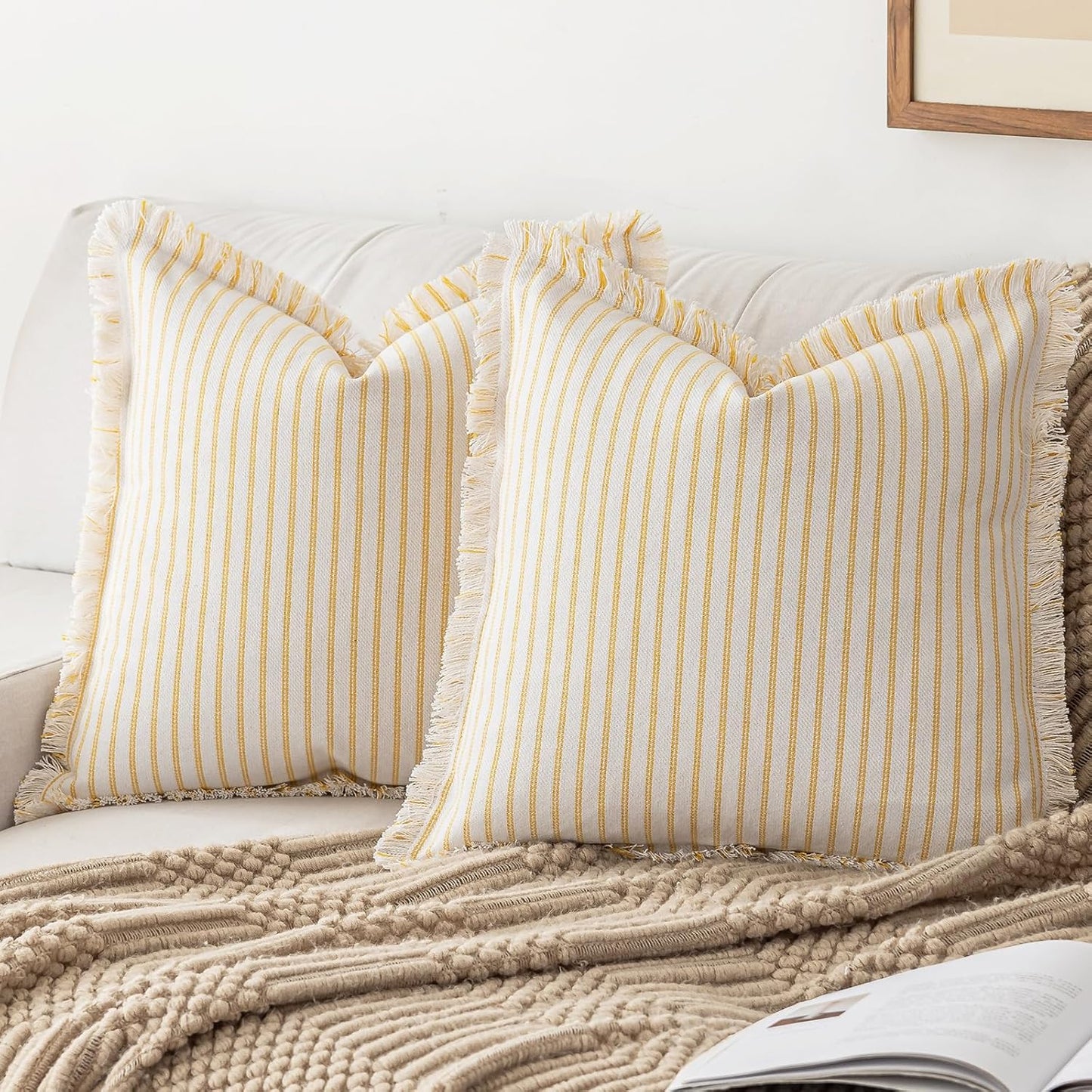 Throw Pillow Covers 22x22 Set of 2 Striped Fringe Pillow Cover Farmhouse Cushion Covers with Tassel Neutral Boho Pillows Decorative Square Pillowcase for Couch Sofa Bed, Yellow
