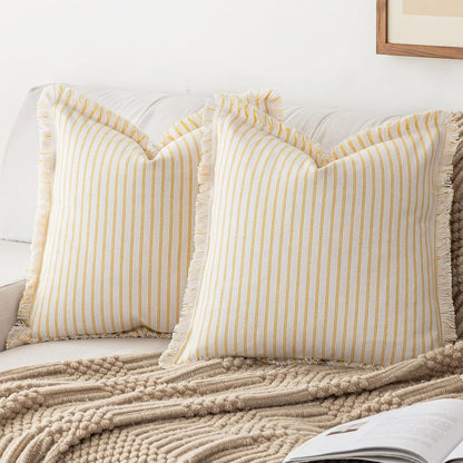 Throw Pillow Covers 22x22 Set of 2 Striped Fringe Pillow Cover Farmhouse Cushion Covers with Tassel Neutral Boho Pillows Decorative Square Pillowcase for Couch Sofa Bed, Yellow