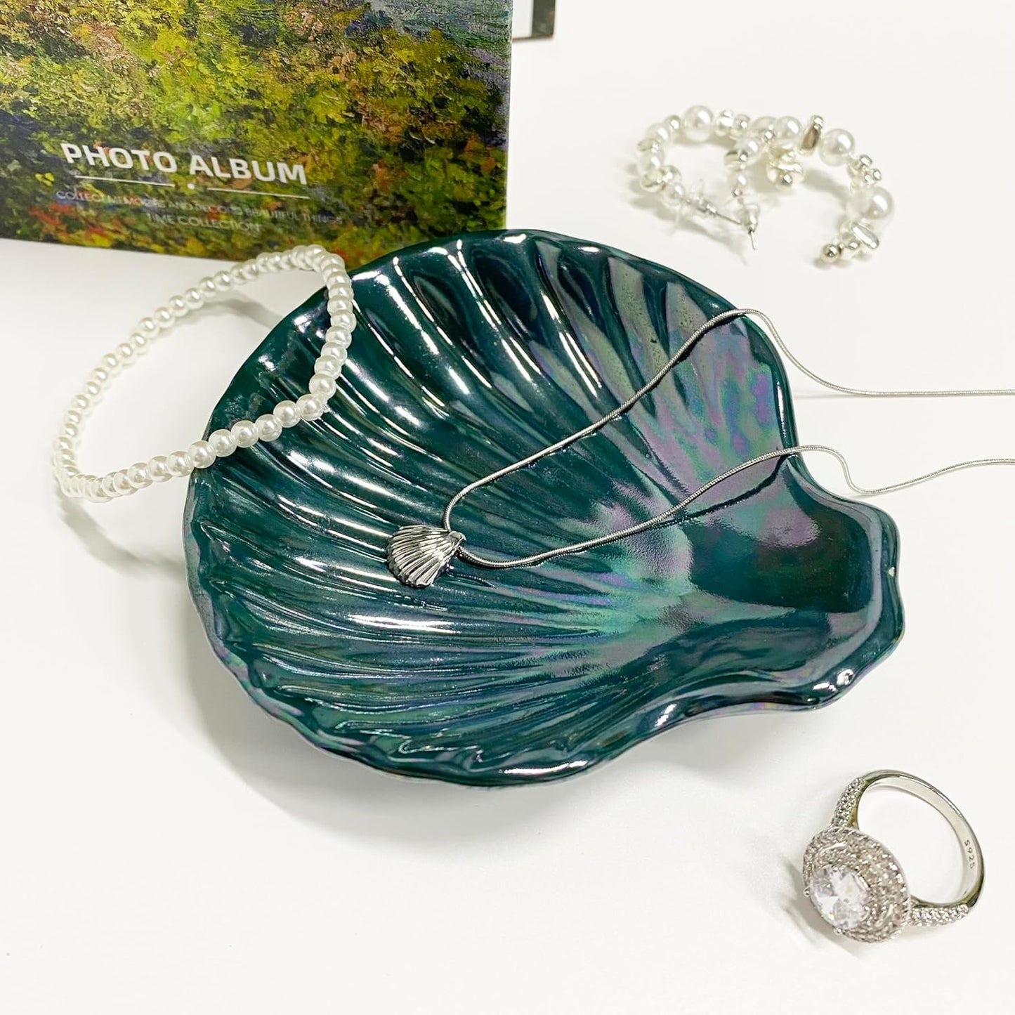 Seashell Trinket Tray, Ceramic Ring Holder Dish for Earrings Ring Necklace, Shell Shape Jewelry Dish Trinket Tray, Ocean Room Decor, 3.9", Deep Teal Iridescent Surface