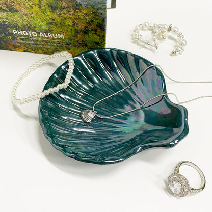 Seashell Trinket Tray, Ceramic Ring Holder Dish for Earrings Ring Necklace, Shell Shape Jewelry Dish Trinket Tray, Ocean Room Decor, 3.9", Deep Teal Iridescent Surface