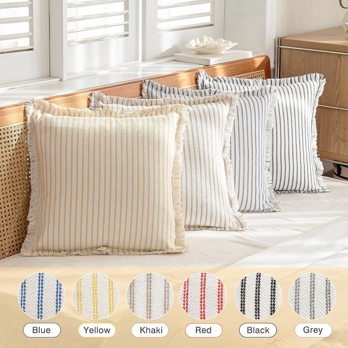 Throw Pillow Covers 22x22 Set of 2 Striped Fringe Pillow Cover Farmhouse Cushion Covers with Tassel Neutral Boho Pillows Decorative Square Pillowcase for Couch Sofa Bed, Yellow