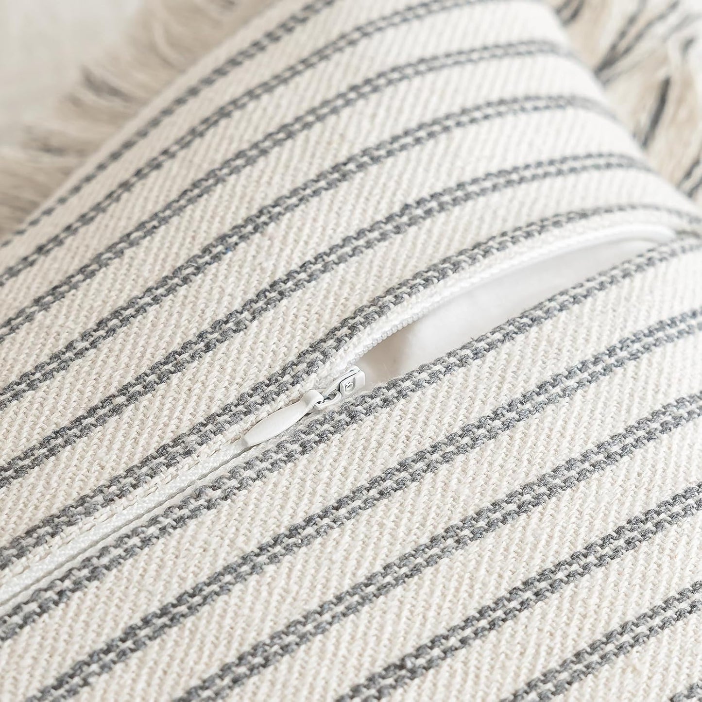 Throw Pillow Covers 16x16 Set of 2 Striped Fringe Pillow Cover Farmhouse Cushion Covers with Tassel Neutral Boho Pillows Decorative Square Pillowcase for Couch Sofa Bed, Grey