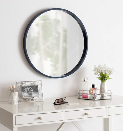 Kate and Laurel Travis Round Wood Wall Mirror, 25.6" Diameter, Navy Blue, Modern Wall Décor Accent