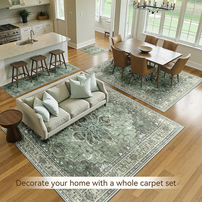 Area Rugs 2'x6' Washable Non-Slip, Floral Vintage Distress Print Pattern Medallion Carpet for Living Room Bedroom Dining Room, Dark Green Gray