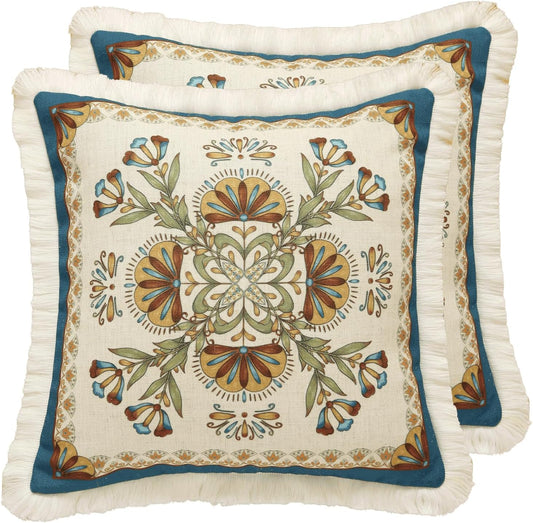 patdrea Designer Square Throw Pillow Covers Set of 2,French Vintage Blue Farmhouse Linen Floral Pattern Pillow Cover,Decorative Pillowcases Cushion for Bed Living Room Outdoor Car,18"x18"