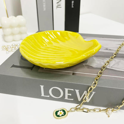 Shell Trinket Dish, Ceramic Jewelry Dish Trinket Tray, Cute Jewelry Organizer Plate for Jewelry, Earring Seashell Jewelry Ring Holder, 3.9", Bright Yellow Iridescent Surface