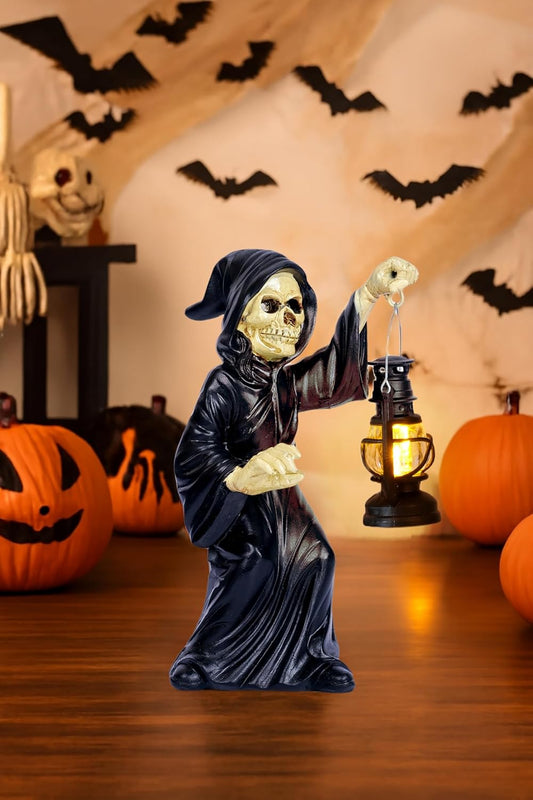 Halloween Indoor Decorations Witch Figurine with Glowing Lantern Resin Skeleton Witch Statue Spooky Gothic for Home Decor Shelves Entryways Desks Table Shelf Office Display