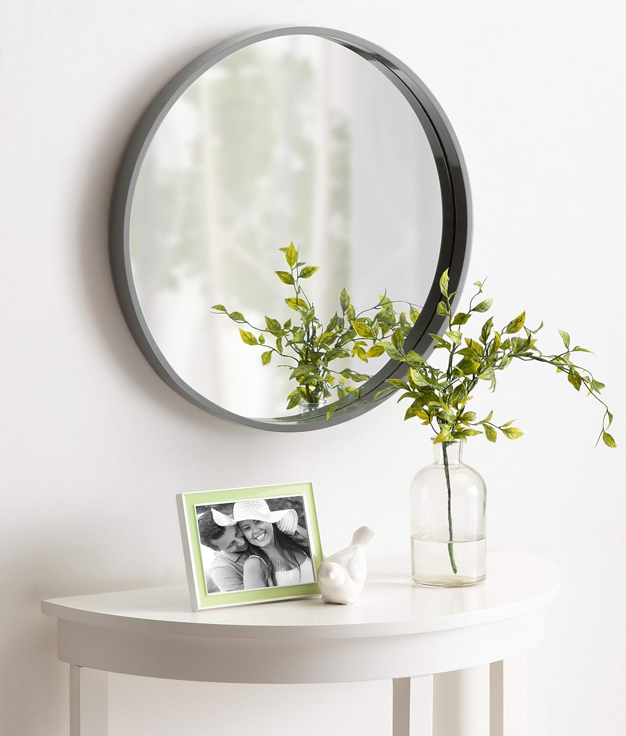 Kate and Laurel Travis Round Wood Wall Vanity Mirror, 22 Inch Diameter, Gray, Modern Circle Mirror for Use as Bathroom Mirror for Over Sink or Accent Entryway Mirror
