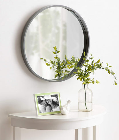 Kate and Laurel Travis Round Wood Wall Vanity Mirror, 22 Inch Diameter, Gray, Modern Circle Mirror for Use as Bathroom Mirror for Over Sink or Accent Entryway Mirror
