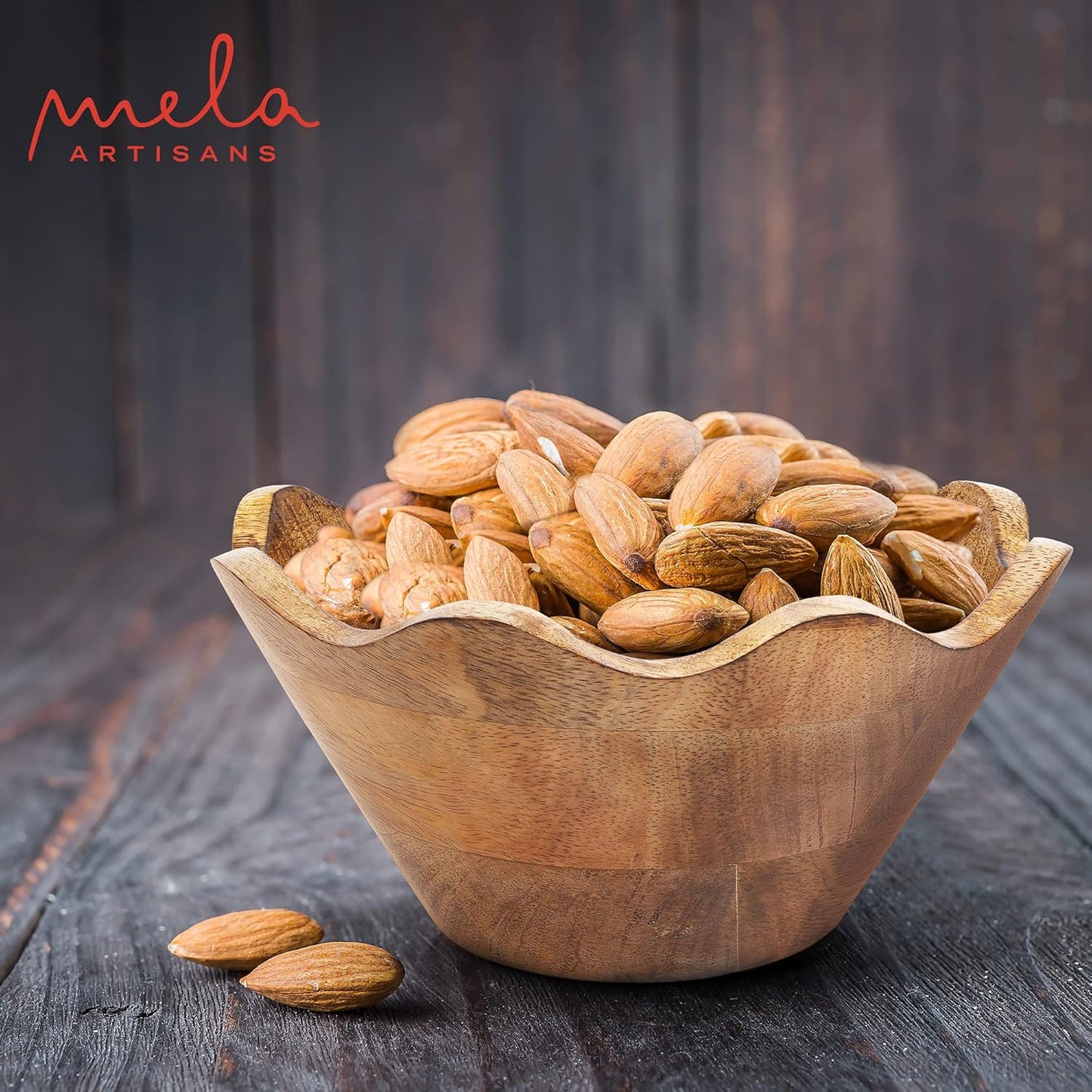Mela Artisans Small Scalloped Decorative Wooden Bowl | 8 Inch Mango Wood Fruit & Serving Bowl | Natural Grain Finish | Perfect for Snacks | Desserts | Bread | Kitchen Counter | Handcrafted Decor