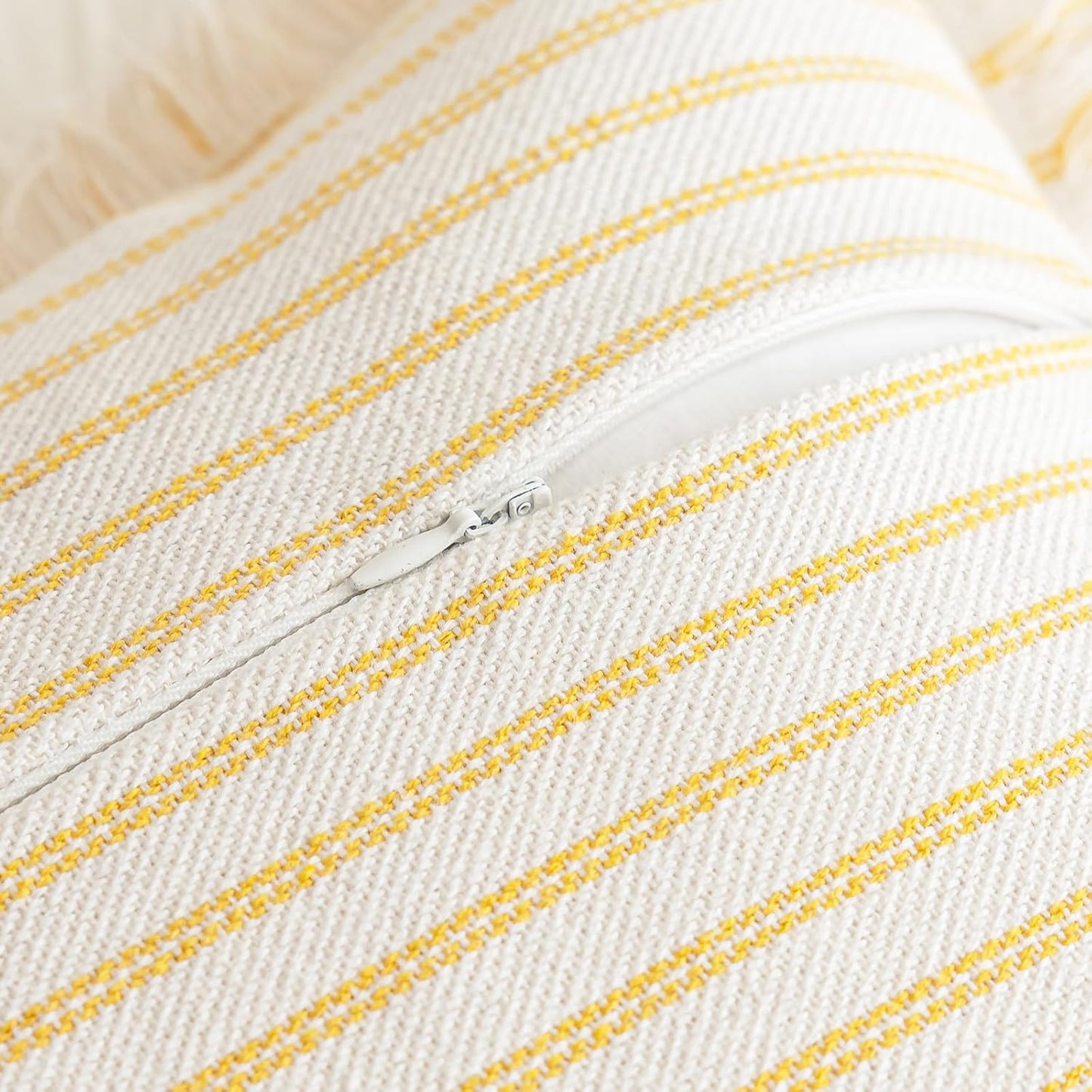 Throw Pillow Covers 16x16 Set of 2 Striped Fringe Pillow Cover Farmhouse Cushion Covers with Tassel Neutral Boho Pillows Decorative Square Pillowcase for Couch Sofa Bed, Yellow