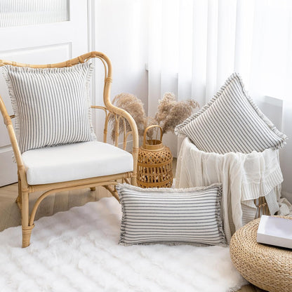Throw Pillow Covers 12x20 Set of 2 Striped Fringe Pillow Cover Farmhouse Cushion Covers with Tassel Neutral Boho Pillows Decorative Square Pillowcase for Couch Sofa Bed, Grey