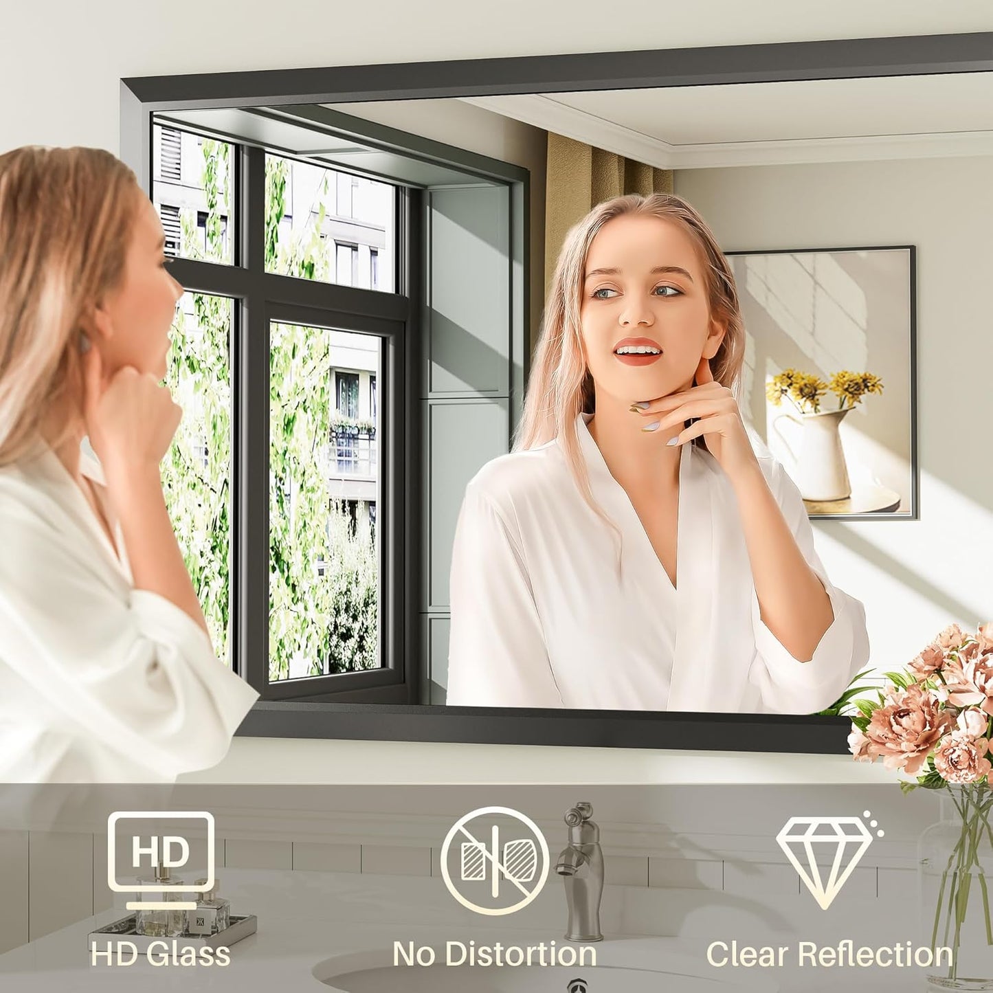 36x32 Inch Black Bathroom Mirror for Wall, Thick Metal Framed Rectangle Mirrors for Over Sink, Bedroom, Living Room, Entryway, Anti-Rust, HD Tempered Glass