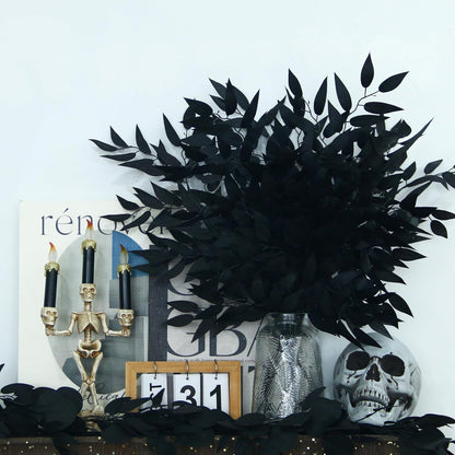 GREENTIME 6 Pack Artificial Black Italian Ruscus Stems 23.5'' Faux Halloween Leaf Bouquet for Vase Fireplace Table Centerpiece Decor