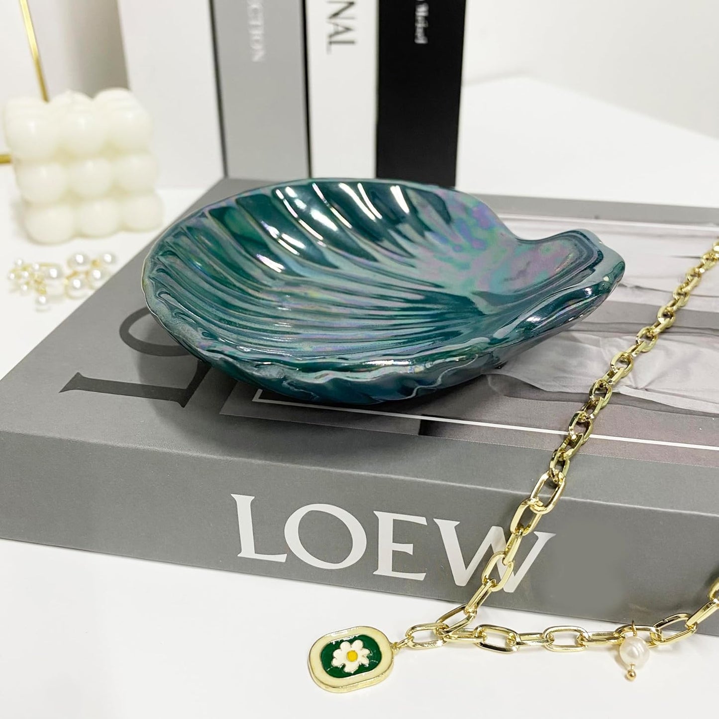 Seashell Trinket Tray, Ceramic Ring Holder Dish for Earrings Ring Necklace, Shell Shape Jewelry Dish Trinket Tray, Ocean Room Decor, 3.9", Deep Teal Iridescent Surface