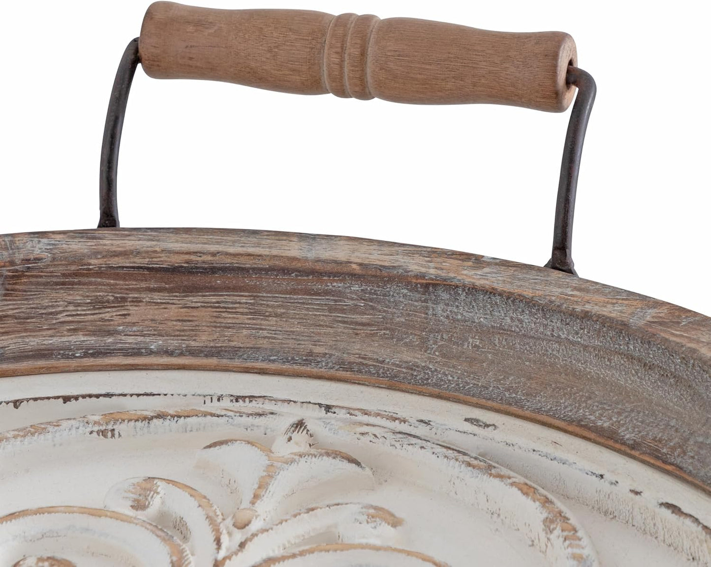 Kate and Laurel Hillrose Round Wooden Tray, 18 inch Diameter, Rustic Brown and White, Decorative Tray for Serving, Display, and Storage