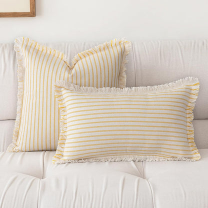 Throw Pillow Covers 22x22 Set of 2 Striped Fringe Pillow Cover Farmhouse Cushion Covers with Tassel Neutral Boho Pillows Decorative Square Pillowcase for Couch Sofa Bed, Yellow