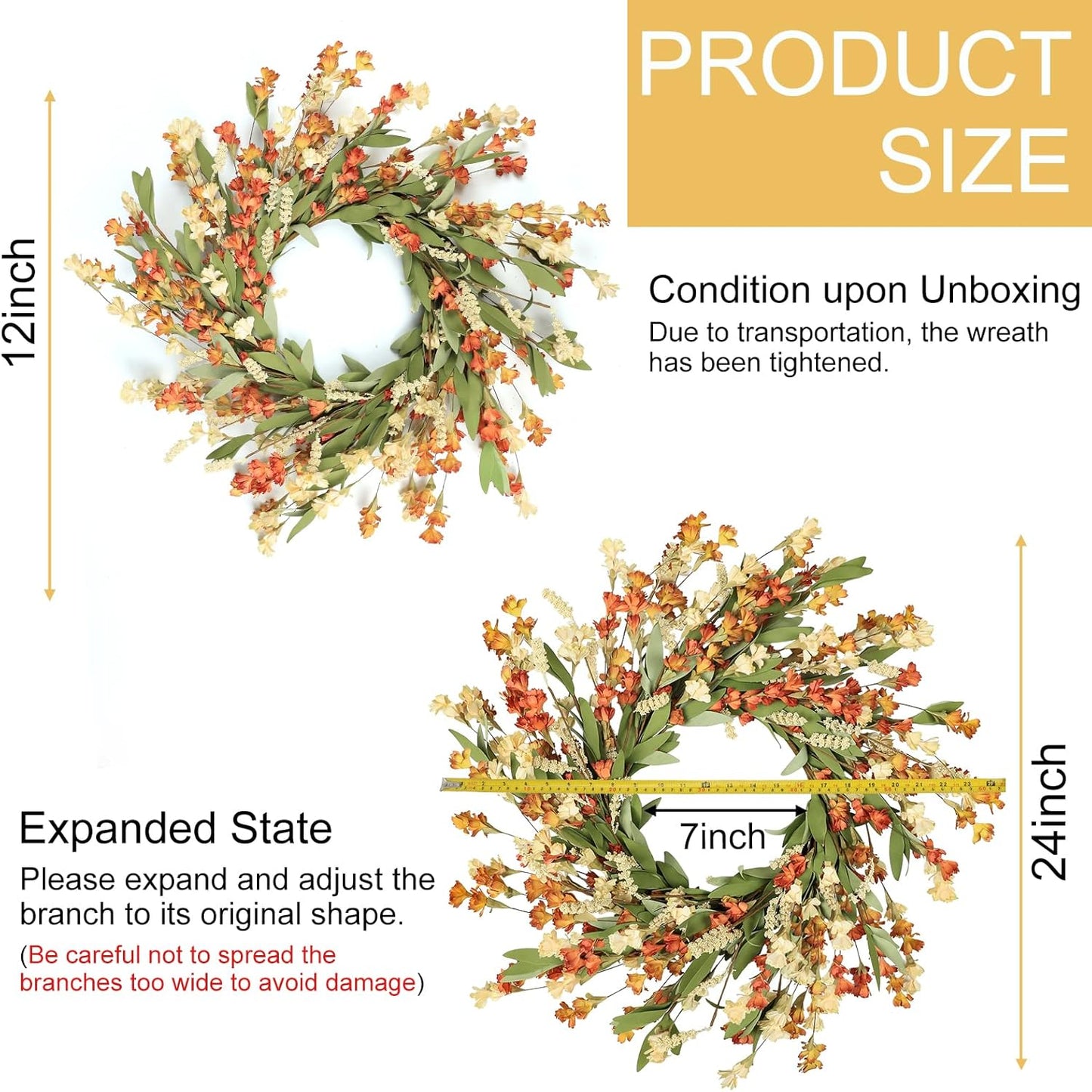 Artgar Fall Wreath, Fall Wreaths for Front Door, 24 in Fall Decor Floral Wreath, Door Wreaths for Front Door Outside All Season for Thanksgiving Home Indoor Outdoor Wall Decor (White Orange Yellow)