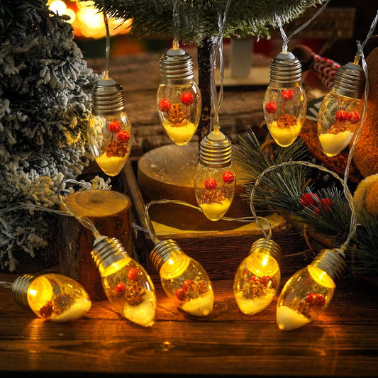 Christmas Snow Globe String Lights Indoor Decorations，10 LED Clear Bulbs Christmas Tree Snow Globe String Lights with Pinecone & Berry for Home Bedroom Fireplace Xmas Lights(6.6FT)