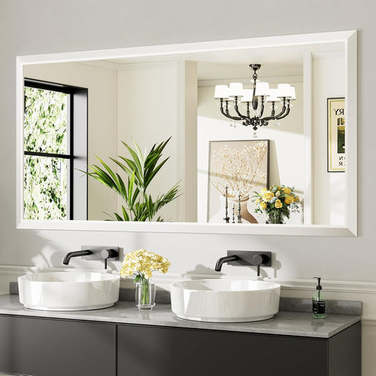 72x36 Inch White Bathroom Mirror for Wall, Thick Metal Framed Rectangle Mirrors for Over Sink, Bedroom, Living Room, Entryway, Anti-Rust, HD Tempered Glass