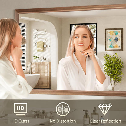 72x32 Inch Bathroom Mirror for Wall, Anti-Rust Walnut Wood Grain Metal Framed Bathroom Mirrors for Over Sink,Rectangler Mirrors for Bathroom Vanity, Farmhouse, Bedroom, Living Room, Entryway Decor