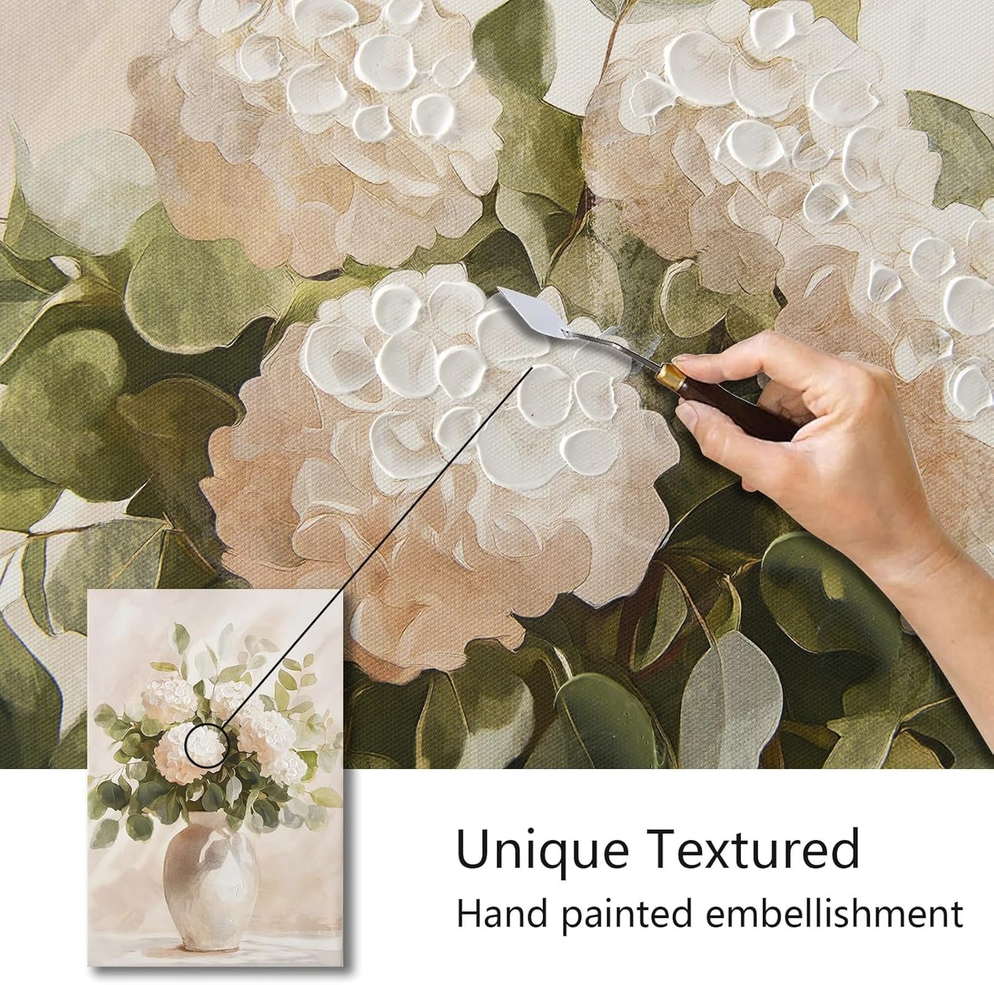 Hand painted Rustic Farmhouse Flower Canvas Wall Art, White Hydrangeas Wall Decor Pictures ,Soothing Calming Nature Botanical Vintage Floral Country Prints Artwork for Bedroom Living Room 16x24in