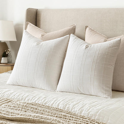 MIULEE Decorative Linen Check Throw Pillow Covers Neutral Farmhouse Vintage Christmas Pillow Covers 18x18 Set of 2 Boho Modern Home Decor for Sofa Couch Bedroom Cushion Cream White