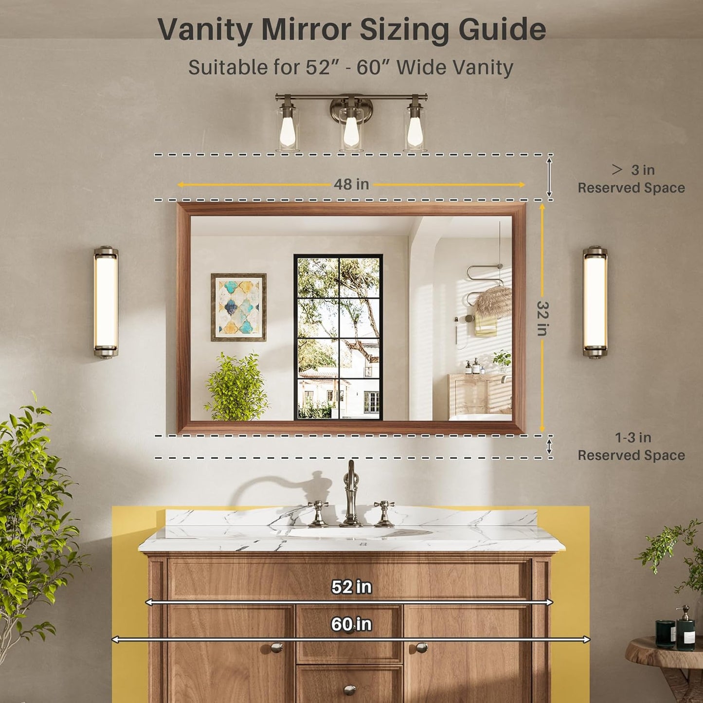48x32 Inch Bathroom Mirror for Wall, Anti-Rust Walnut Wood Grain Metal Framed Bathroom Mirrors for Over Sink,Rectangler Mirrors for Bathroom Vanity, Farmhouse, Bedroom, Living Room, Entryway Decor