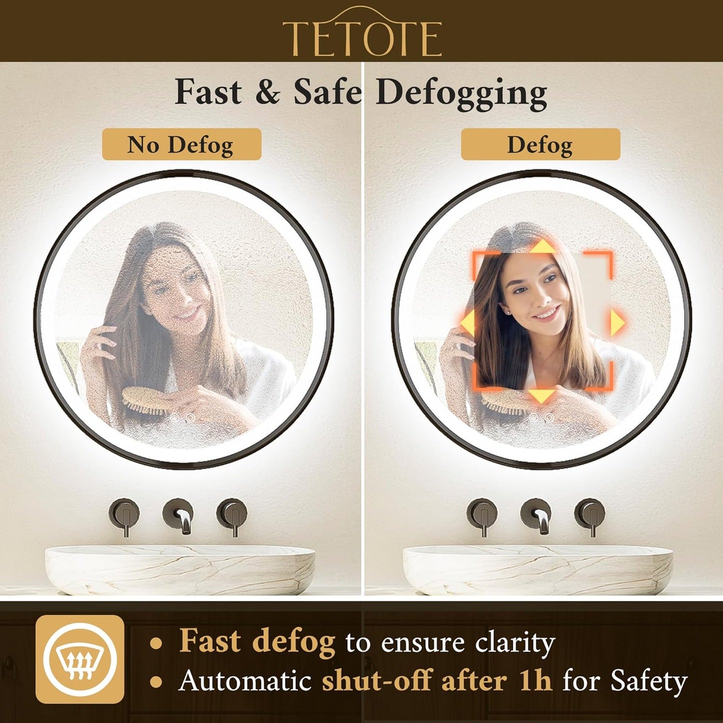 TETOTE Round Led Lighted Bathroom Mirror Matte Black Frame 30 Inch Front and Backlit Circle Round Light up Vanity Mirror with Lights, 3 Color Illuminated Dimmable Anti Fog Wall Mount, IP54 CRI 90+