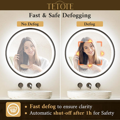 TETOTE Round Led Lighted Bathroom Mirror Matte Black Frame 30 Inch Front and Backlit Circle Round Light up Vanity Mirror with Lights, 3 Color Illuminated Dimmable Anti Fog Wall Mount, IP54 CRI 90+