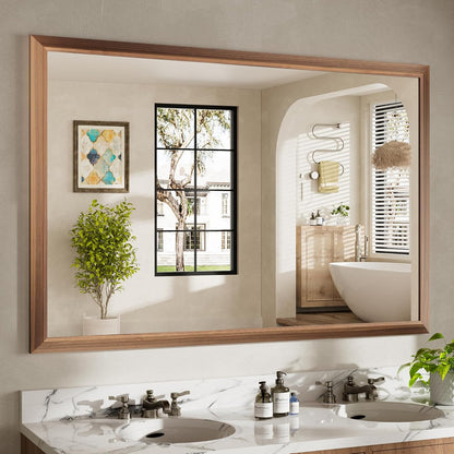 60x40 Inch Bathroom Mirror for Wall, Anti-Rust Walnut Wood Grain Metal Framed Bathroom Mirrors for Over Sink,Rectangler Mirrors for Bathroom Vanity, Farmhouse, Bedroom, Living Room, Entryway Decor