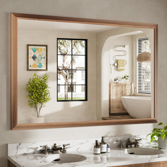 60x40 Inch Bathroom Mirror for Wall, Anti-Rust Walnut Wood Grain Metal Framed Bathroom Mirrors for Over Sink,Rectangler Mirrors for Bathroom Vanity, Farmhouse, Bedroom, Living Room, Entryway Decor